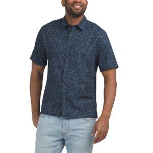 VINCE Blue Multi Linen Blend Knotted Leaves Short Sleeve Top